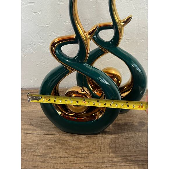 Modern Abstract Green & Gold Ceramic Sculptures Pair | 11” Decor Accents - Picture 6 of 13